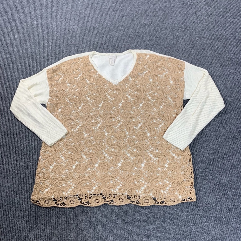 Chicos Sweater Womens‎ 3 2XL White Beige Crochet Cotton Blend Pullover Stretch